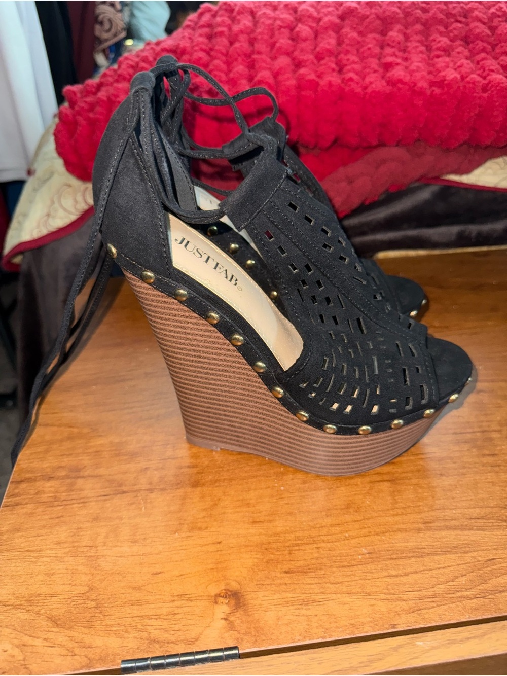 JustFab Black Laser-Cut Lace-Up Wedge Sandals